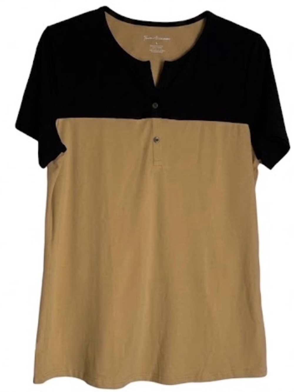 LAISHEN Colorblock Short Sleeve Henley Tee, Women’s M, Black Tan